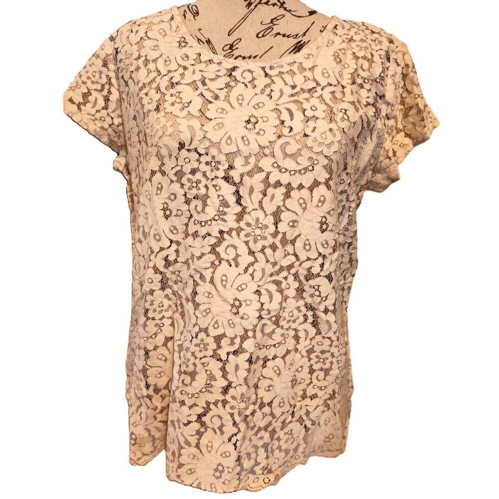 Vintage VanHeusen Studio Flower Pattern Ivory Cream Lace Overlay Blouse Size M